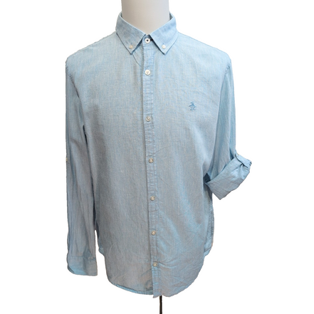 Chemise Penguin L Bleu Clair Uni Lin Coton Manches Retractables