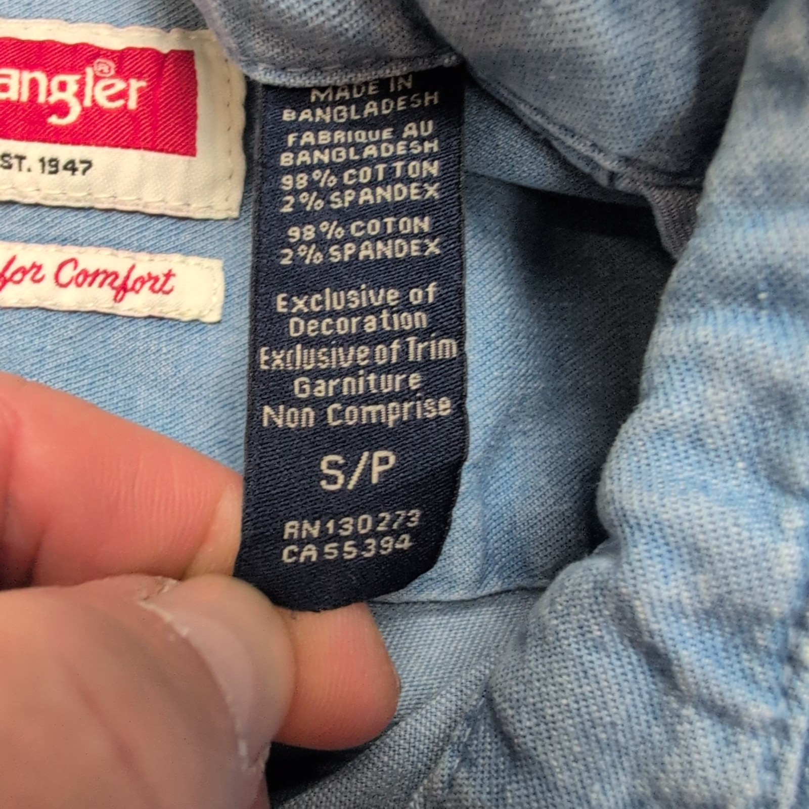 Chemise Wrangler stretch bleu effet jean 2 poches taille S manches longues #211e