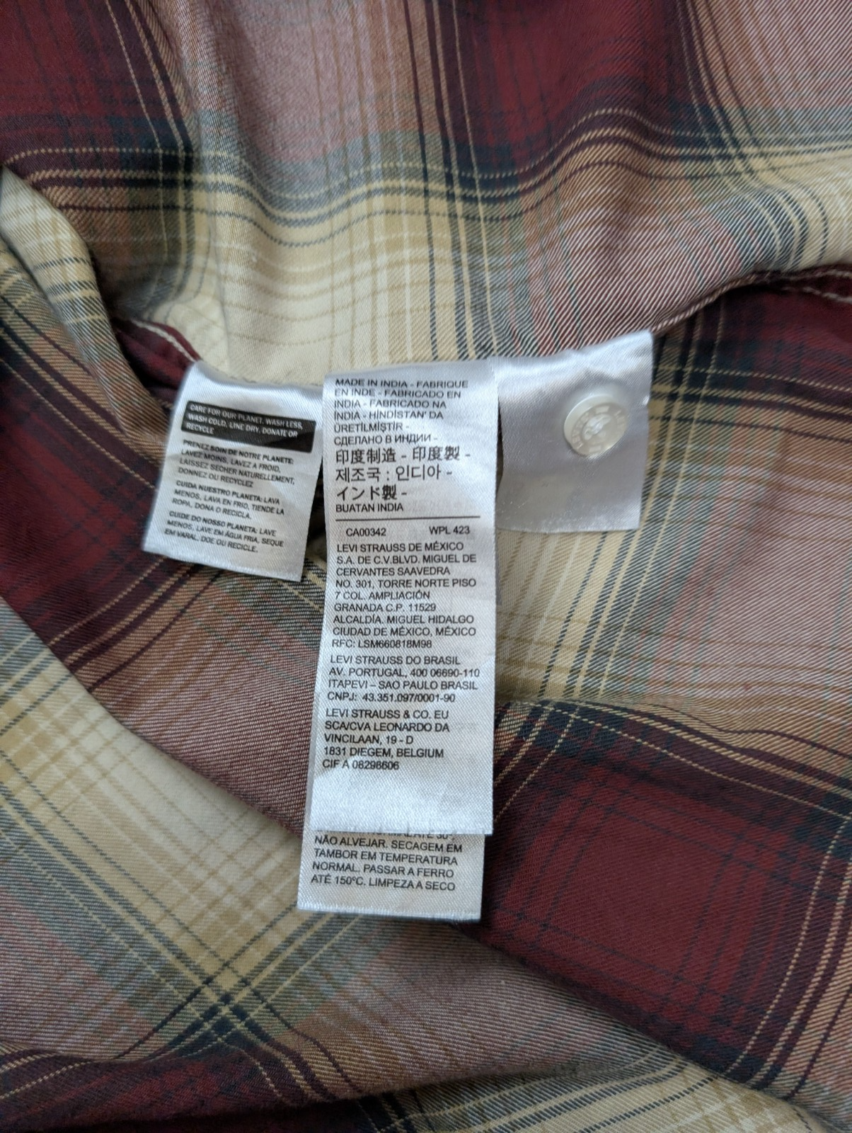 Chemise Levi's Western Carreaux Bordeaux et Crème Manches Longues Taille L