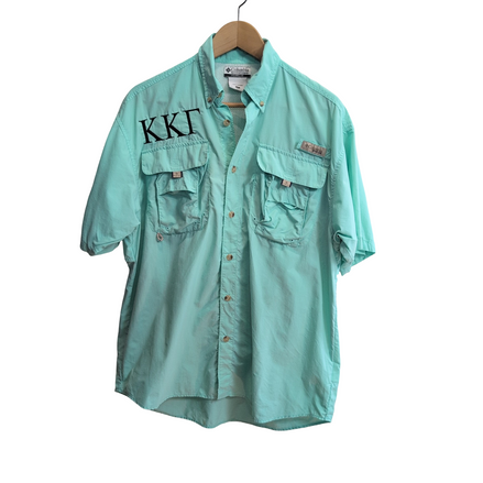 Chemise Columbia PFG nylon verte uni brodée manches courtes taille S poches