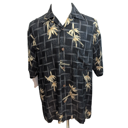 Chemise hawaïenne Bamboo Cay M noire carreaux bambou 100% soie manches courtes