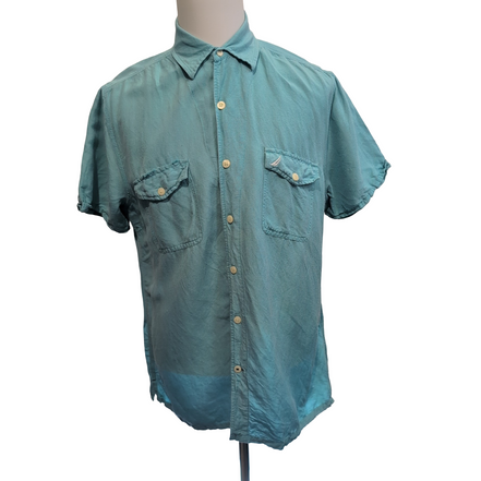 Chemise Nautica Lin Rayonne L Vert Pâle Manches Courtes Logo Brodé Vintage