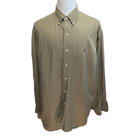 Chemise Ralph Lauren Blake XL Soie Lin Kaki Logo Bleu Marine mancheslongues