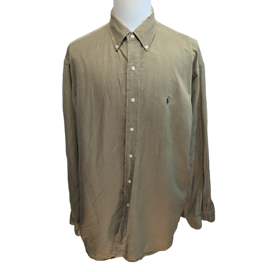 Chemise Ralph Lauren Blake XL Soie Lin Kaki Logo Bleu Marine mancheslongues