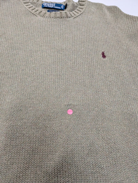 Pull POLO Ralph Lauren - Vert Kaki - Logo Bordeaux Col rond Taille L