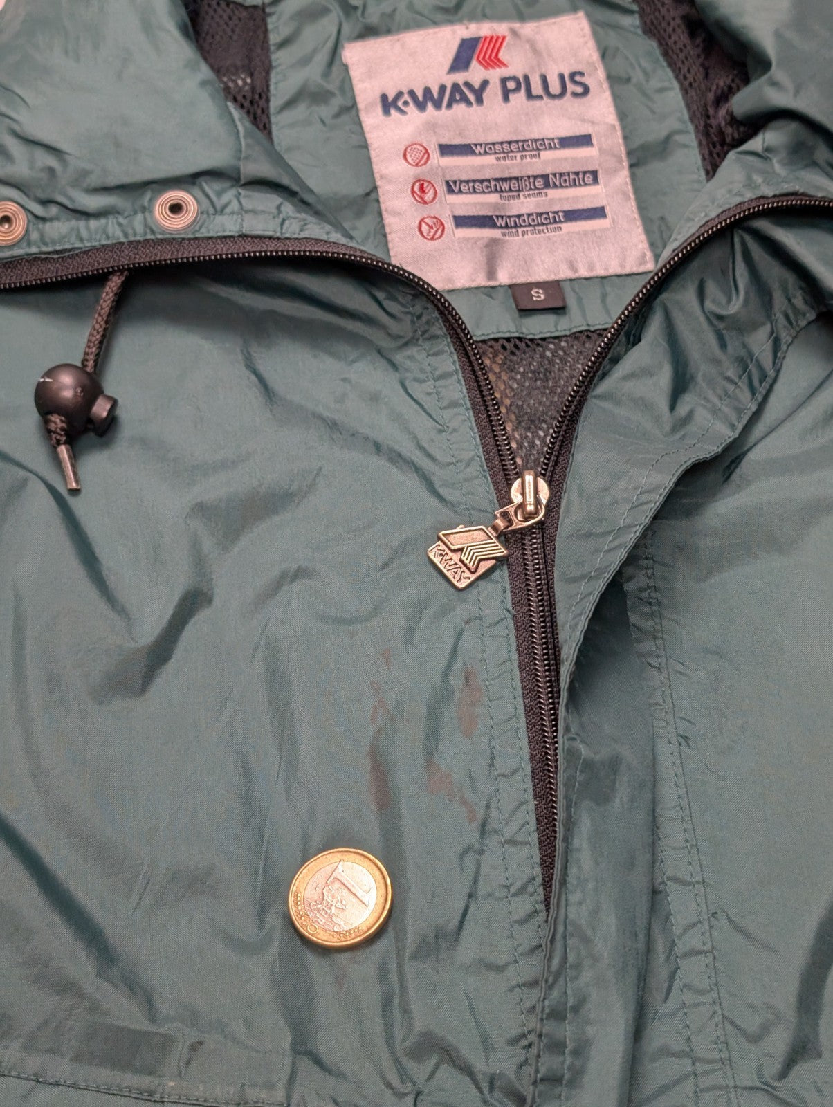 K-WAY Plus Veste Imperméable S Vert Foncé Coupe-Vent Capuche dans Col | 319BSR