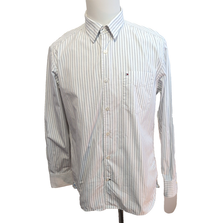 Chemise Tommy Hilfiger Homme Taille M/L Custom Fit Rayée Bleue Marron Coton