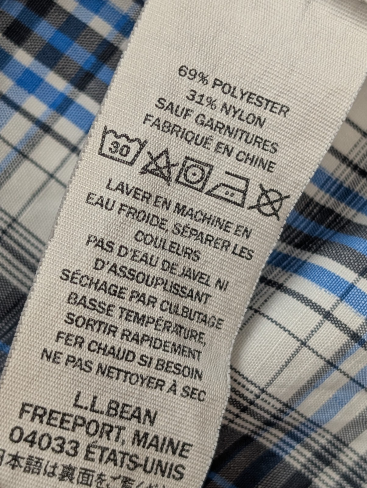 CHEMISE NYLON TECHNIQUE L.L. BEAN M (M) CARREAUX BLEU BLANC TREK
