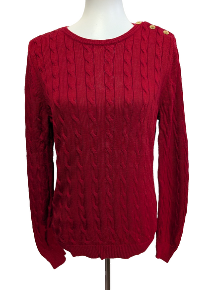Pull Lauren Ralph Lauren Femme Rouge Satiné Torsadé Boutons Métal Taille L
