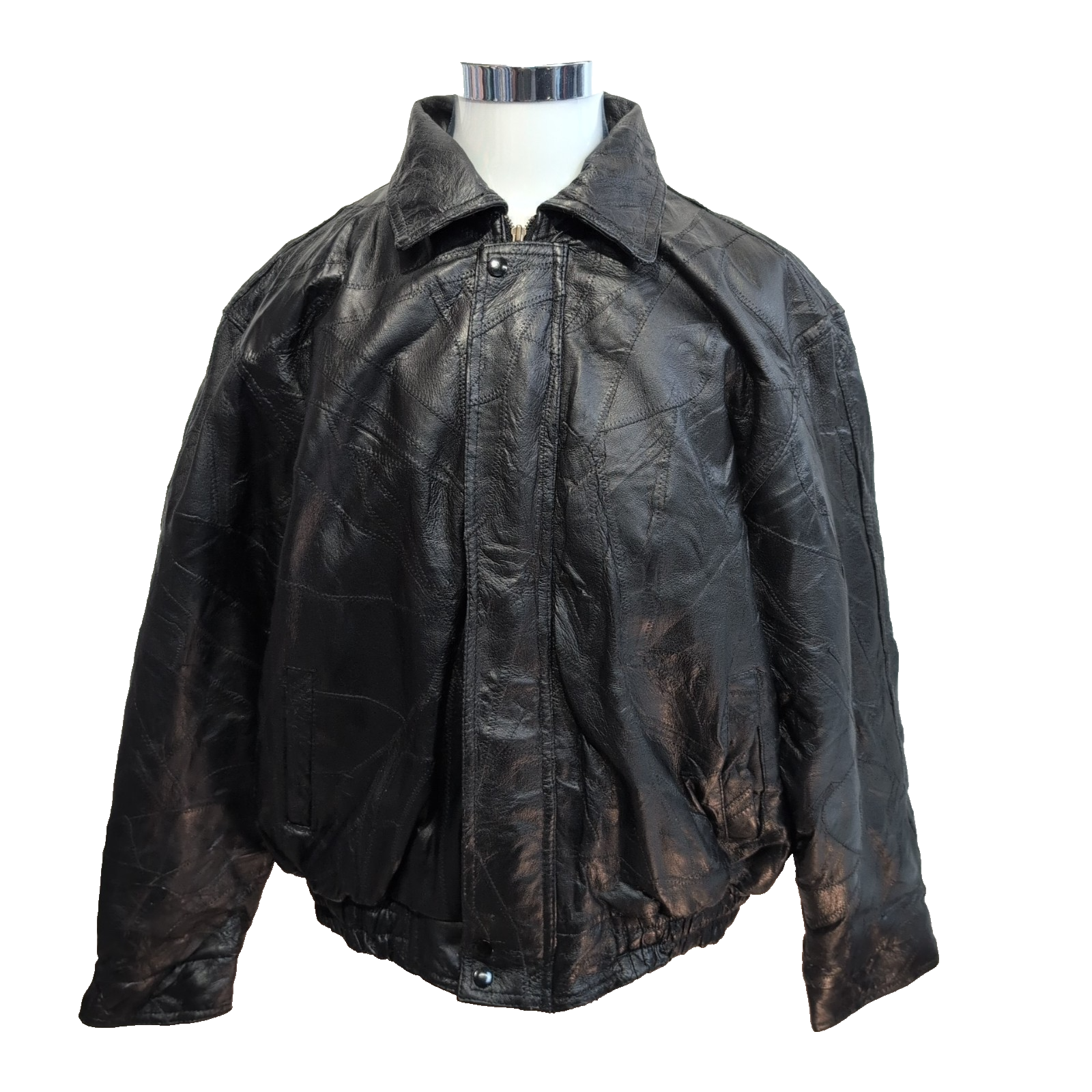 Blouson Cuir XL Patchwork Noir Fondini Fashions Bomber Veste Vintage 90s |56c