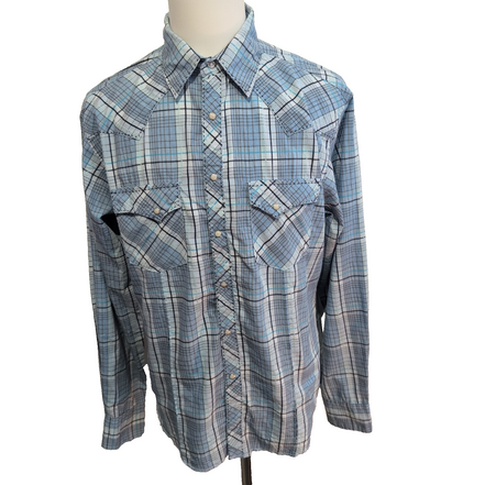 Chemise Wrangler Western Manches Longues à Carreaux Bleus 2 poches Taille L