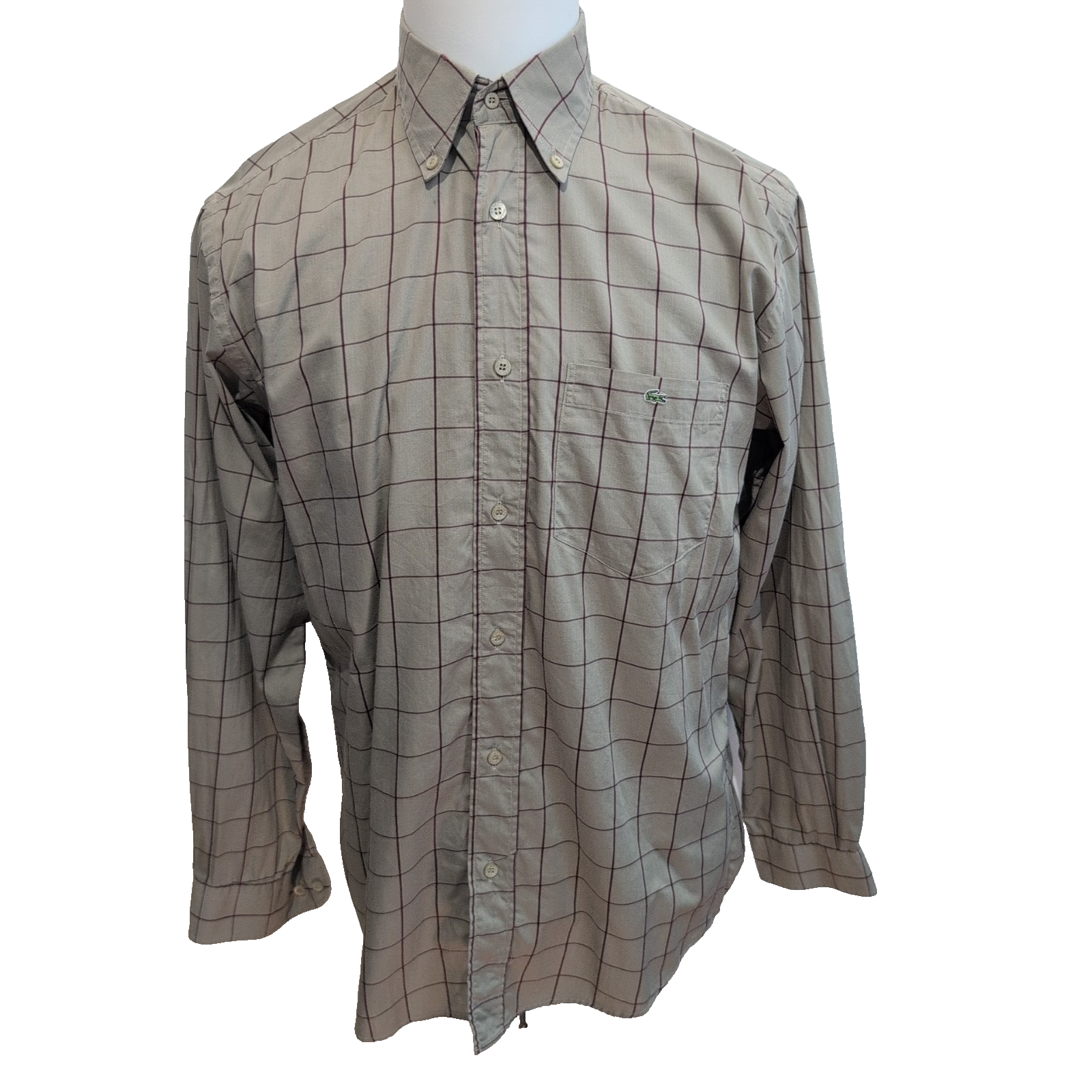 Chemise Lacoste 39 Kaki Clair Carreaux Bordeaux Poche manches longues