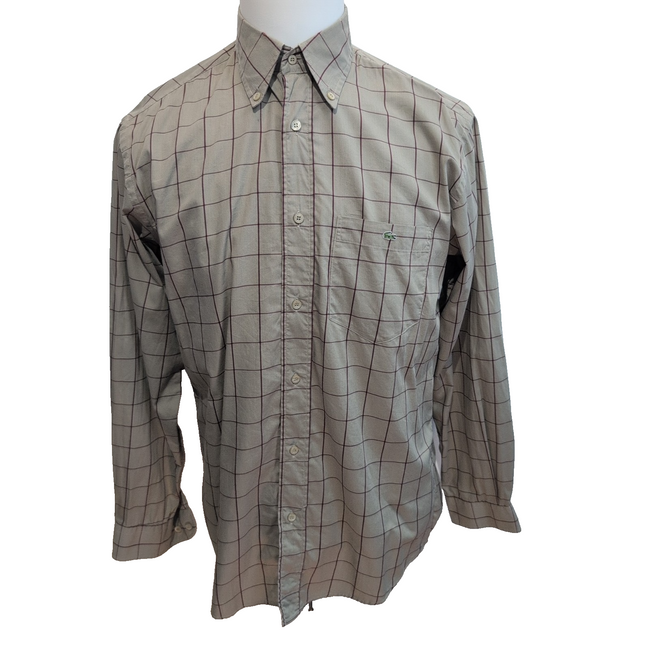 Chemise Lacoste 39 Kaki Clair Carreaux Bordeaux Poche manches longues