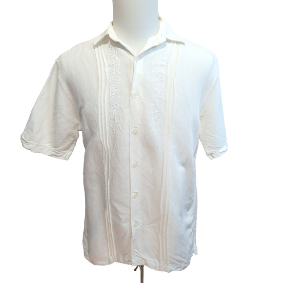 Chemise Hawaïenne Manches Courtes Cubavera Brodée Blanche Rayonne M