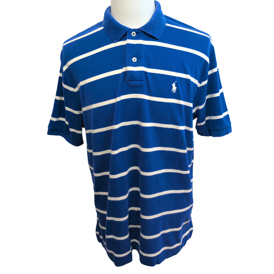 Polo Ralph Lauren Homme L Bleu Rayures Blanches Logo Blanc Polo Manches Courtes