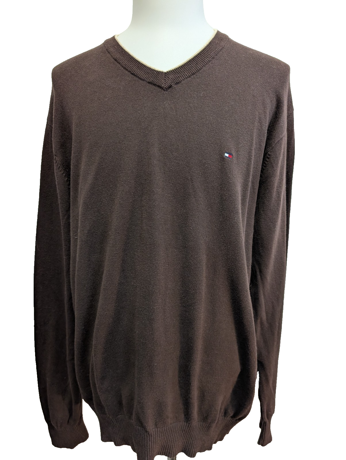 Pull Tommy Hilfiger Col V Marron Chocolat - Taille XXL (Étiquette XLTG)