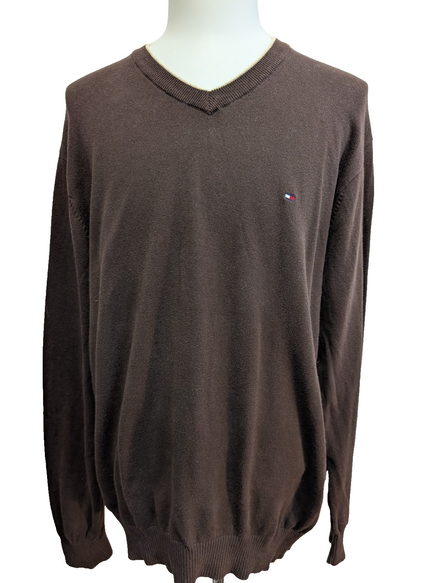 Pull Tommy Hilfiger Col V Marron Chocolat - Taille XXL (Étiquette XLTG)
