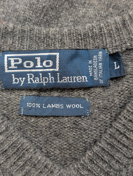 Pull Polo Ralph Lauren Gris Logo Violet - 100% Laine d'Agneau - L - ÉTAT NEUF