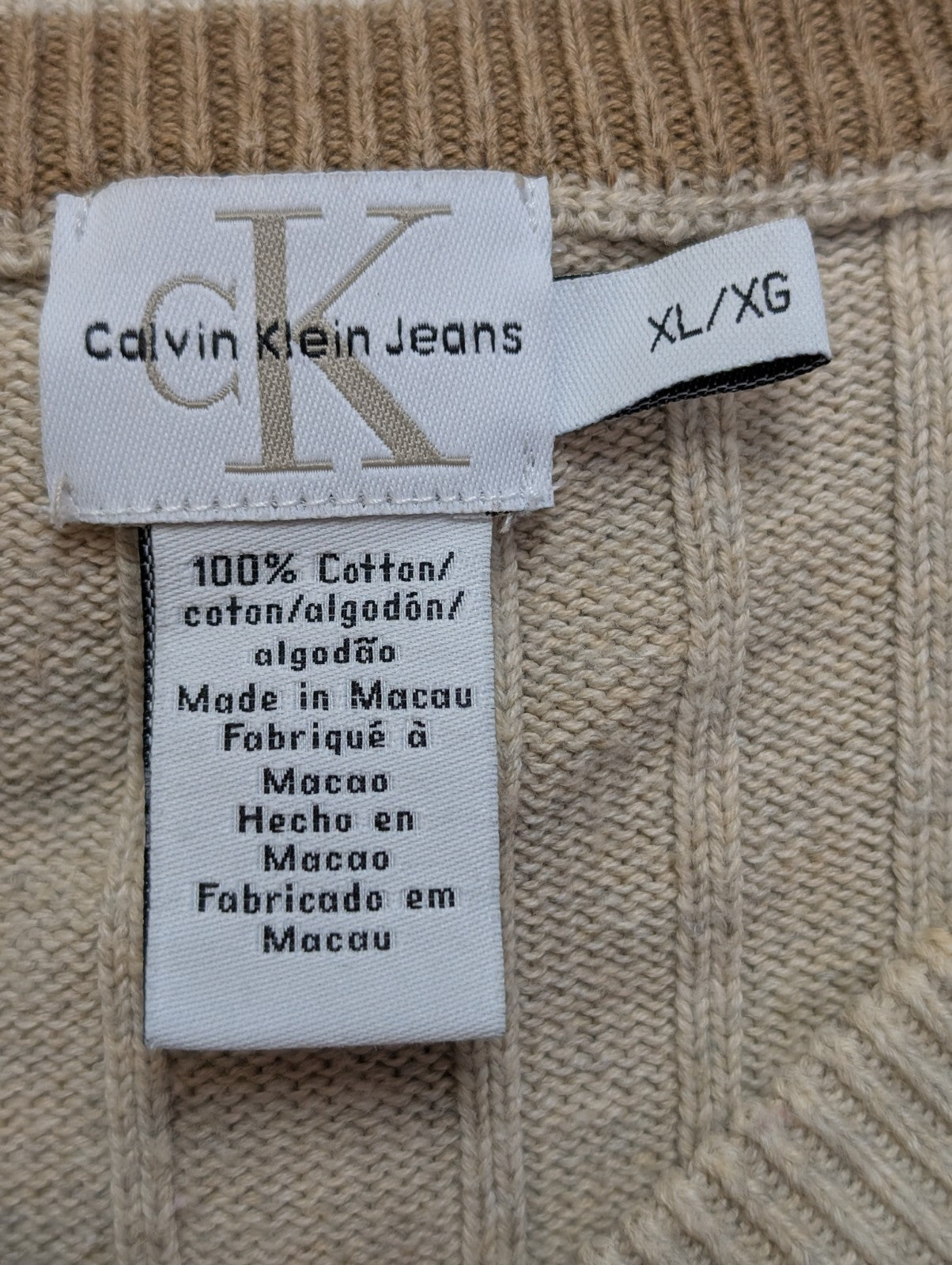 Pull CALVIN KLEIN Crème Col V Maille Côtelée Taille XL Coton Luxe Homme Chic