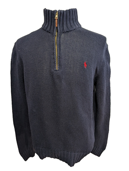 Pull Polo Ralph Lauren Col Zippé Bleu Marine 100% Coton Taille M Vintage