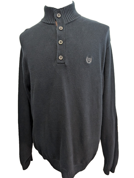 Pull Chaps Noir Pur Coton Col Boutonné & Coudières Vintage - Taille L