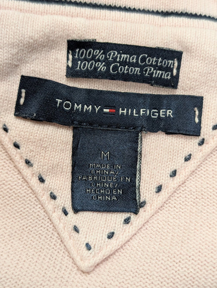 Pull Fin Tommy Hilfiger Femme Col V Rose Motif Losanges Coton Pima Taille M