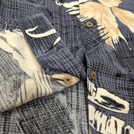 Chemise hawaïenne Island Republic L bleu beige feuillage 55% soie 45% rayonne