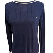 Pull Lacoste Vintage Bleu Marine Rayures Gaufrées Col Rond - Taille 40 L