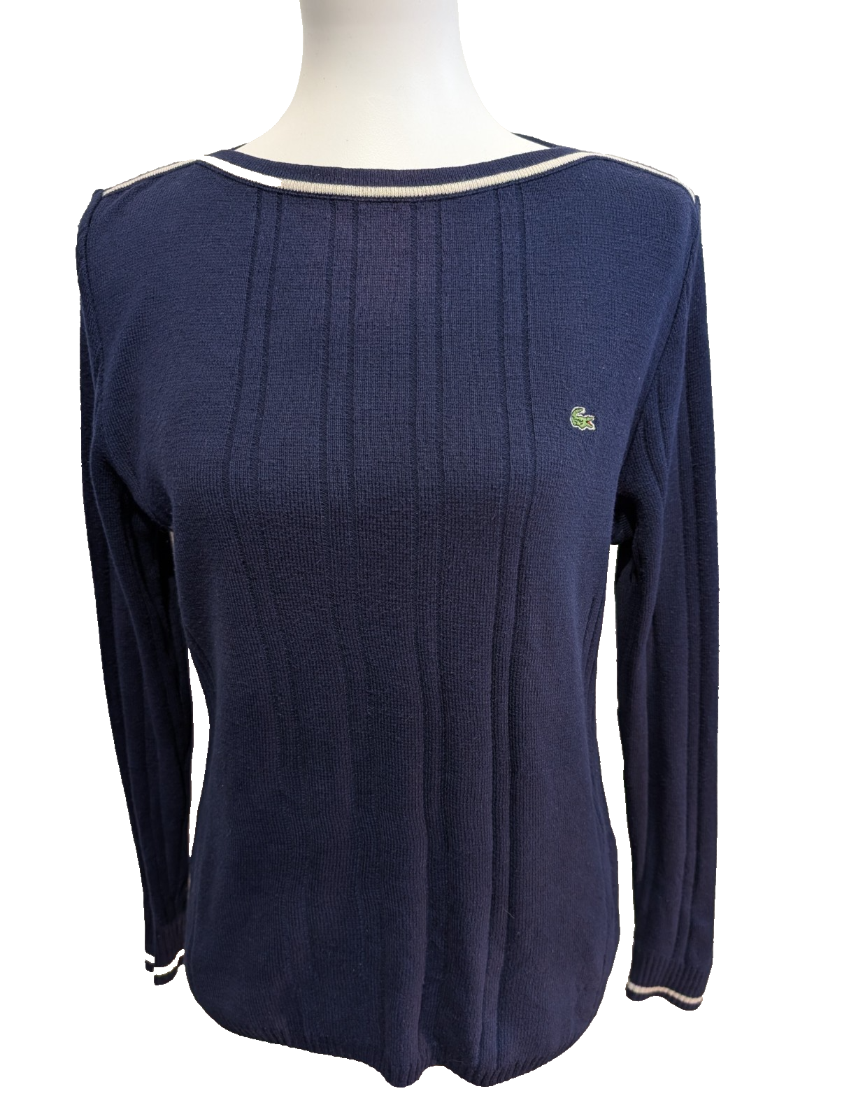 Pull Lacoste Vintage Bleu Marine Rayures Gaufrées Col Rond - Taille 40 L