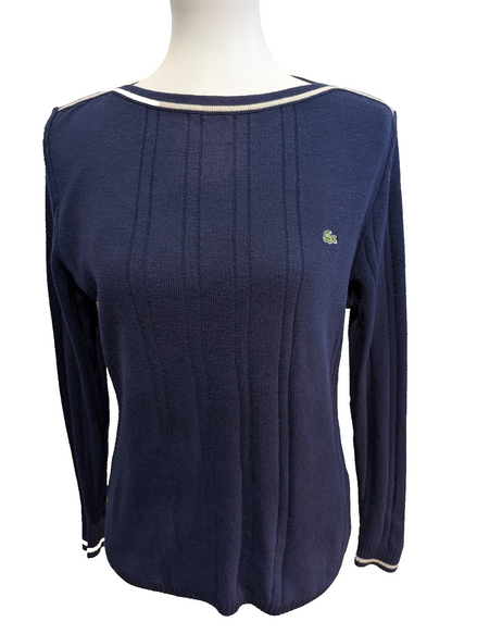 Pull Lacoste Vintage Bleu Marine Rayures Gaufrées Col Rond - Taille 40 L