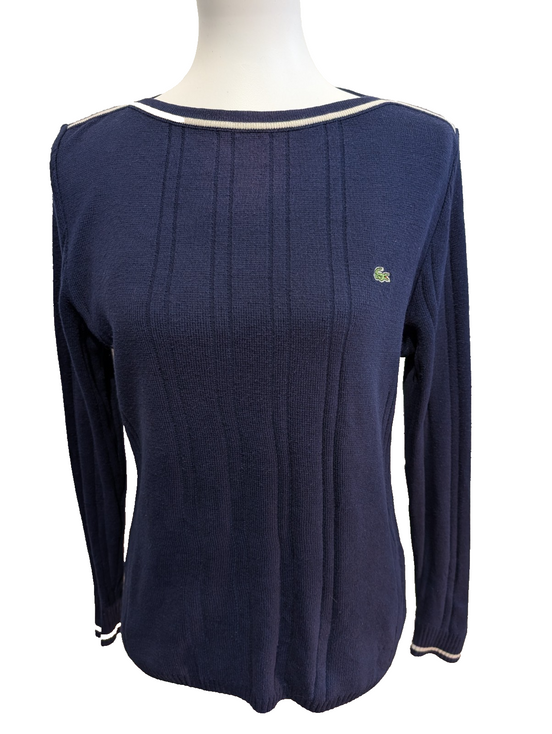 Pull Lacoste Vintage Bleu Marine Rayures Gaufrées Col Rond - Taille 40 L