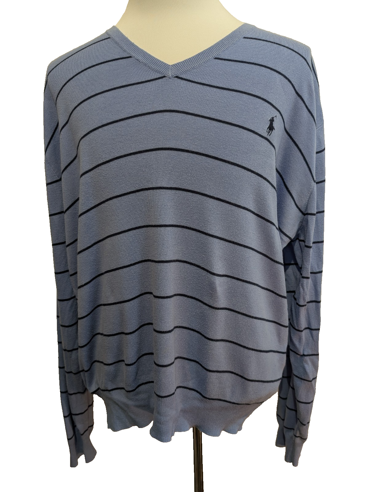 Pull Fin Polo Ralph Lauren Rayures Col V Taille XL Pima Coton Logo Bleu Marin
