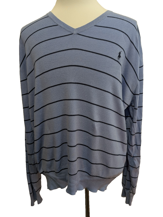 Pull Fin Polo Ralph Lauren Rayures Col V Taille XL Pima Coton Logo Bleu Marin