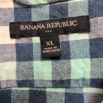 Chemise Banana Republic 100% Lin Bleu Vert Carreaux Manches Courtes Taille XL