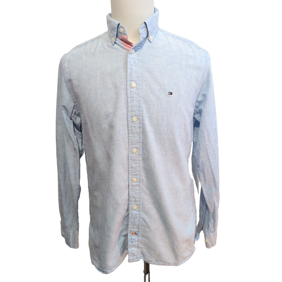 Chemise Tommy Hilfiger Homme Taille S Bleu Clair Lin Coton Logo Brodé