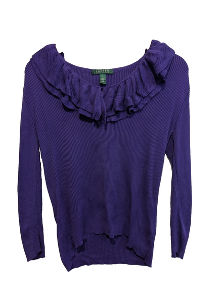 Pull LAUREN Ralph Lauren S violet 100% soie col à volants maille côtelée