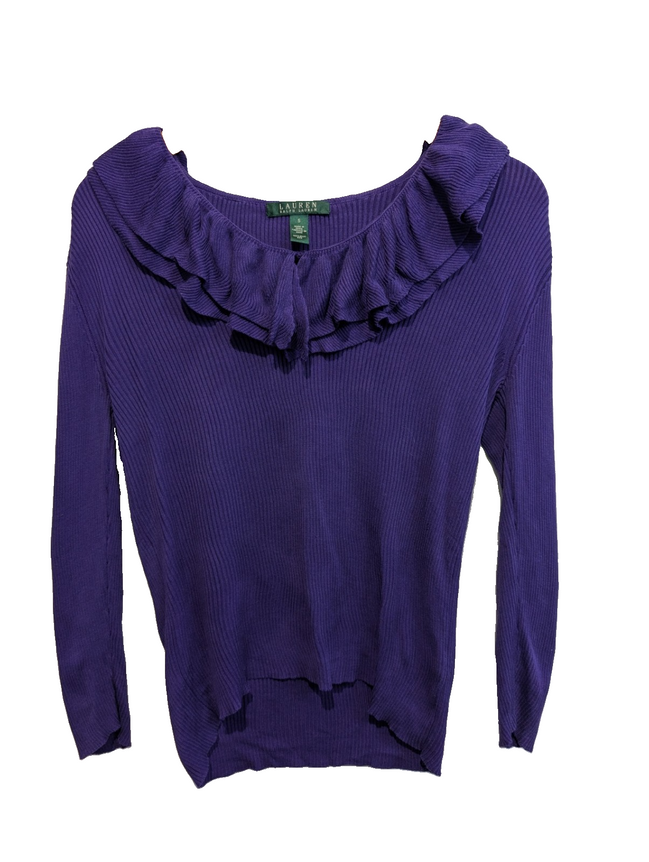Pull LAUREN Ralph Lauren S violet 100% soie col à volants maille côtelée