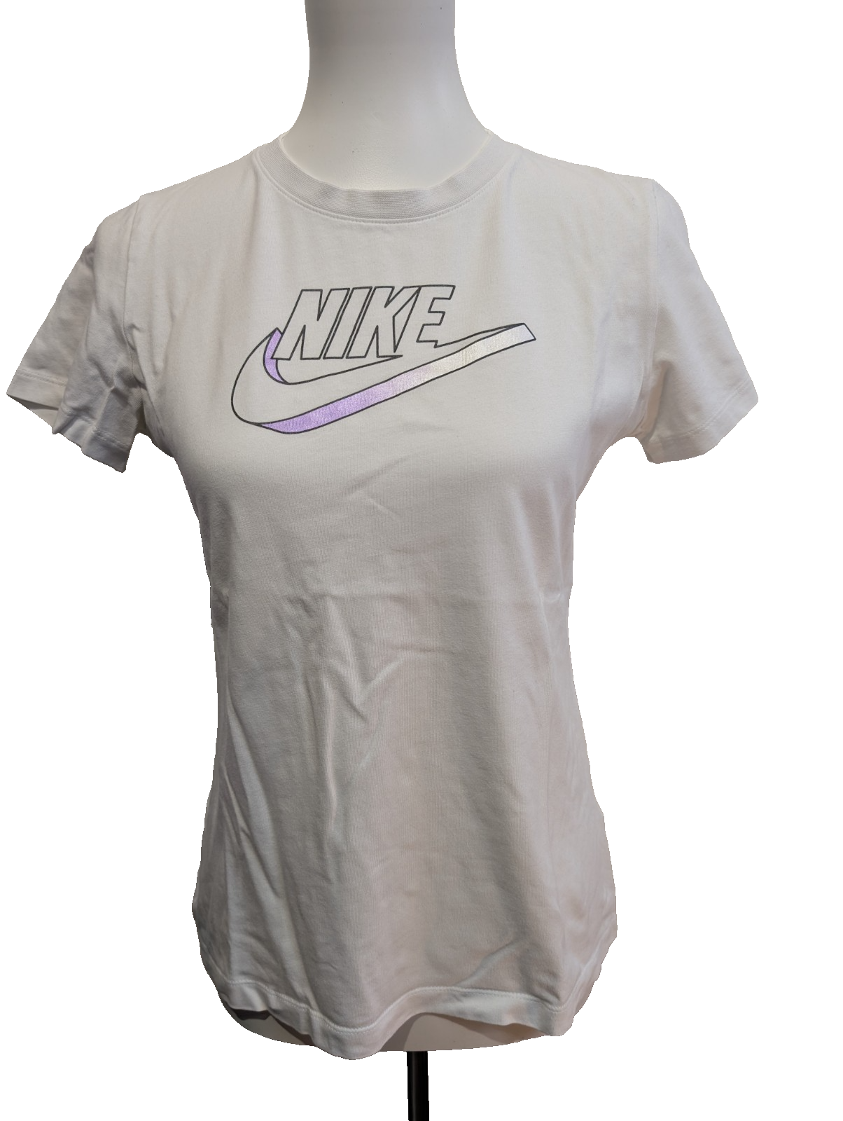 T-Shirt Nike Femme Blanc - Grand Logo Argenté & Violet - Taille S - État Neuf