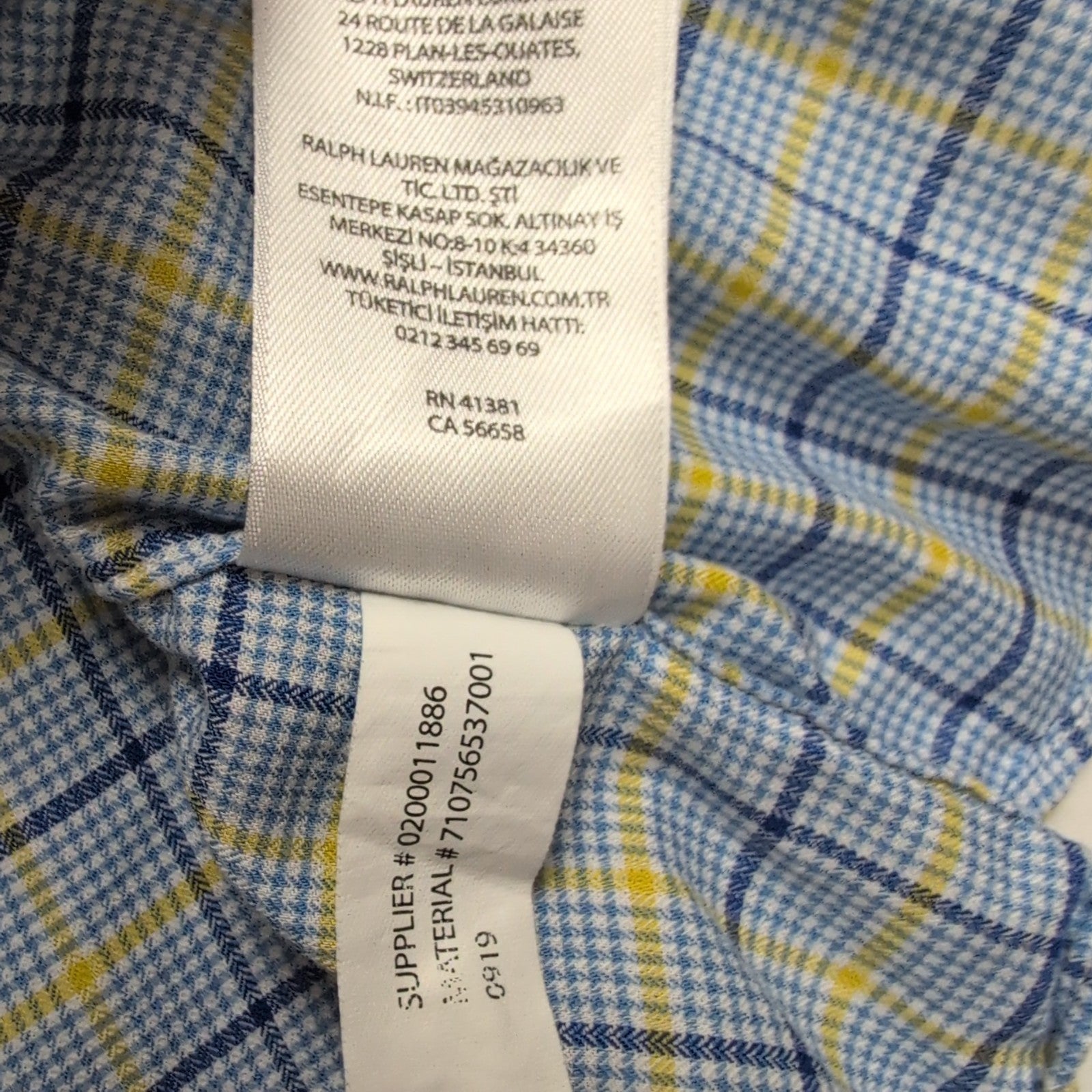 Chemise Ralph Lauren M Slim Fit Carreaux Bleu Jaune 100% Coton Logo Bleu Marine