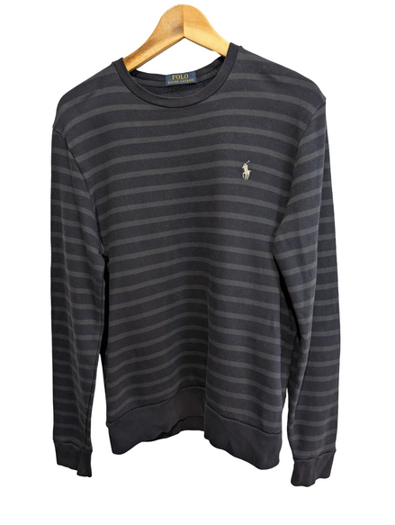 Sweat Polo Ralph Lauren M Bleu Marine Rayures Grises Logo Blanc Col Rond
