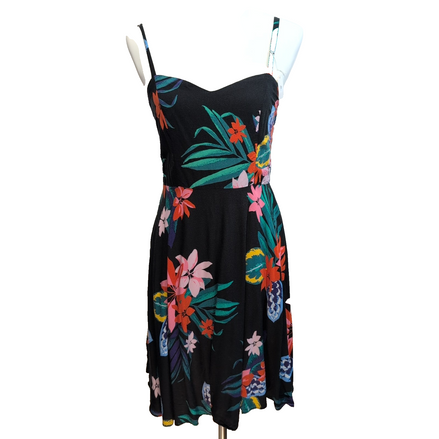 Robe d'été Tropicale Noire Fleurie Viscose Bretelles Réglables Taille M