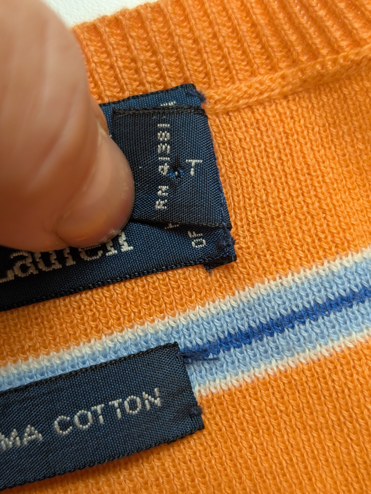 Pull Polo Ralph Lauren Col Rond Rayé Orange & Bleu 100% Coton Pima - Taille XXL