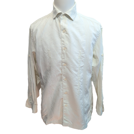 Chemise Hawaïenne Flaconoble  style Cuba Panama M Lin Coton Broderie Blanc Cassé