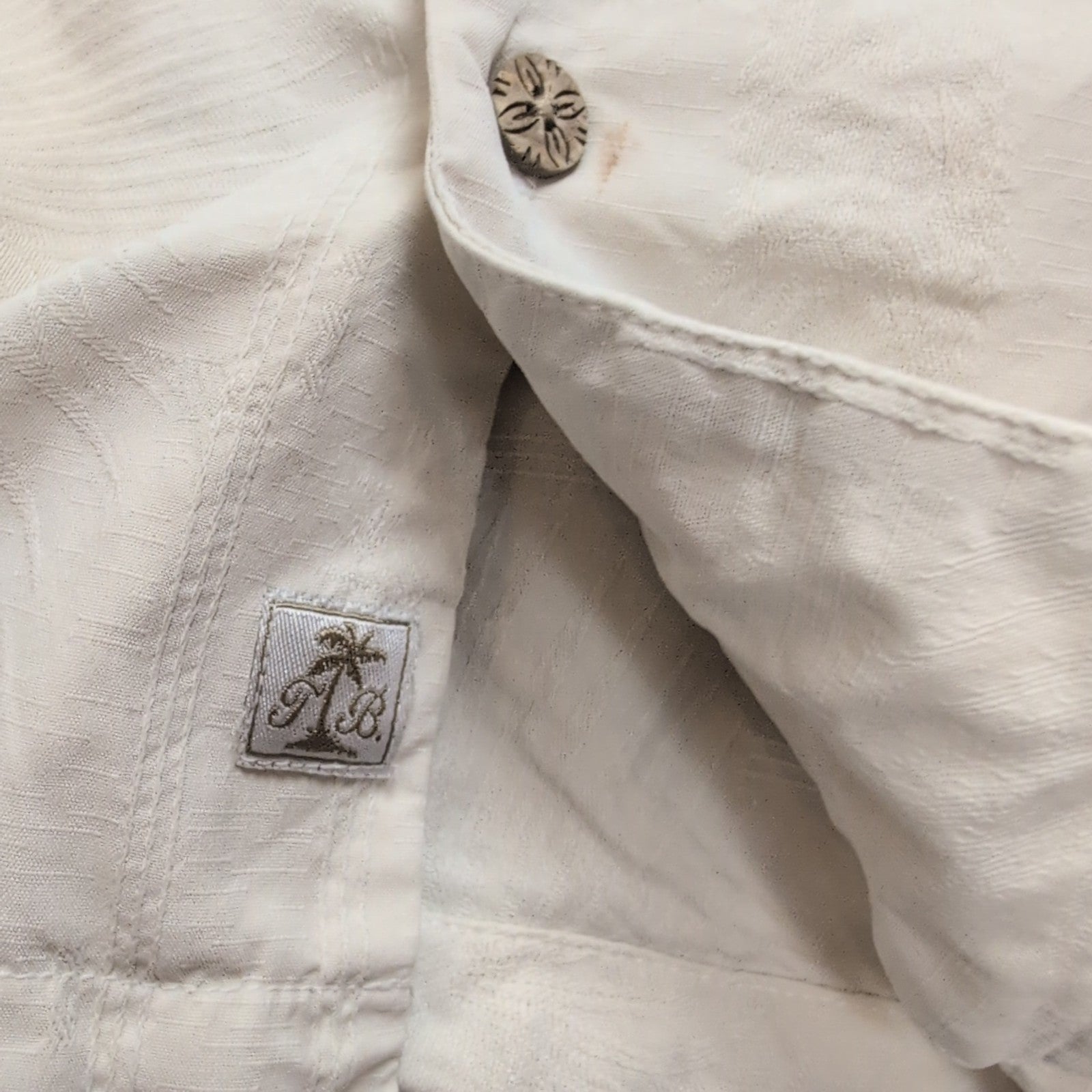 Chemise Hawaïenne Tommy Bahama XL 100% Soie Blanche Palmiers Boutons Bois