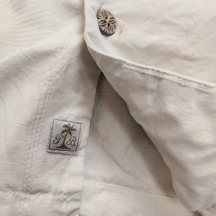 Chemise Hawaïenne Tommy Bahama XL 100% Soie Blanche Palmiers Boutons Bois
