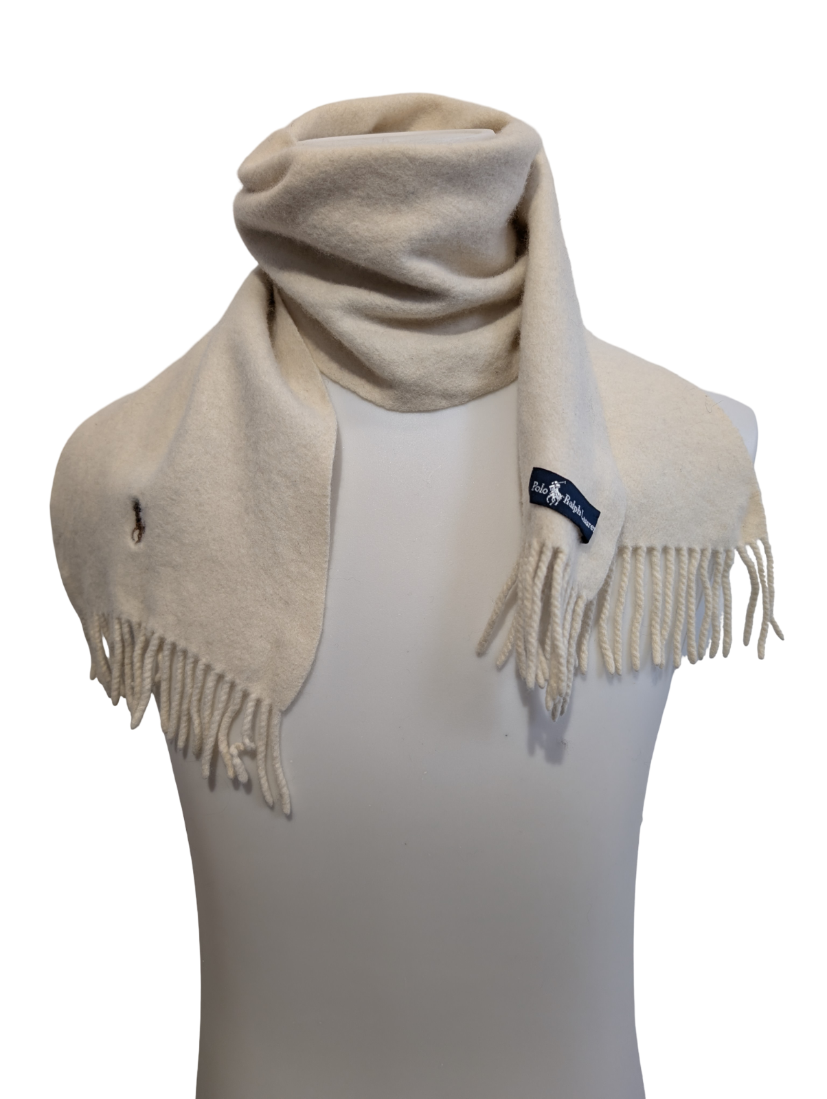 Écharpe Polo Ralph Lauren Blanc Cassé 100% Laine Logo Poney Marron