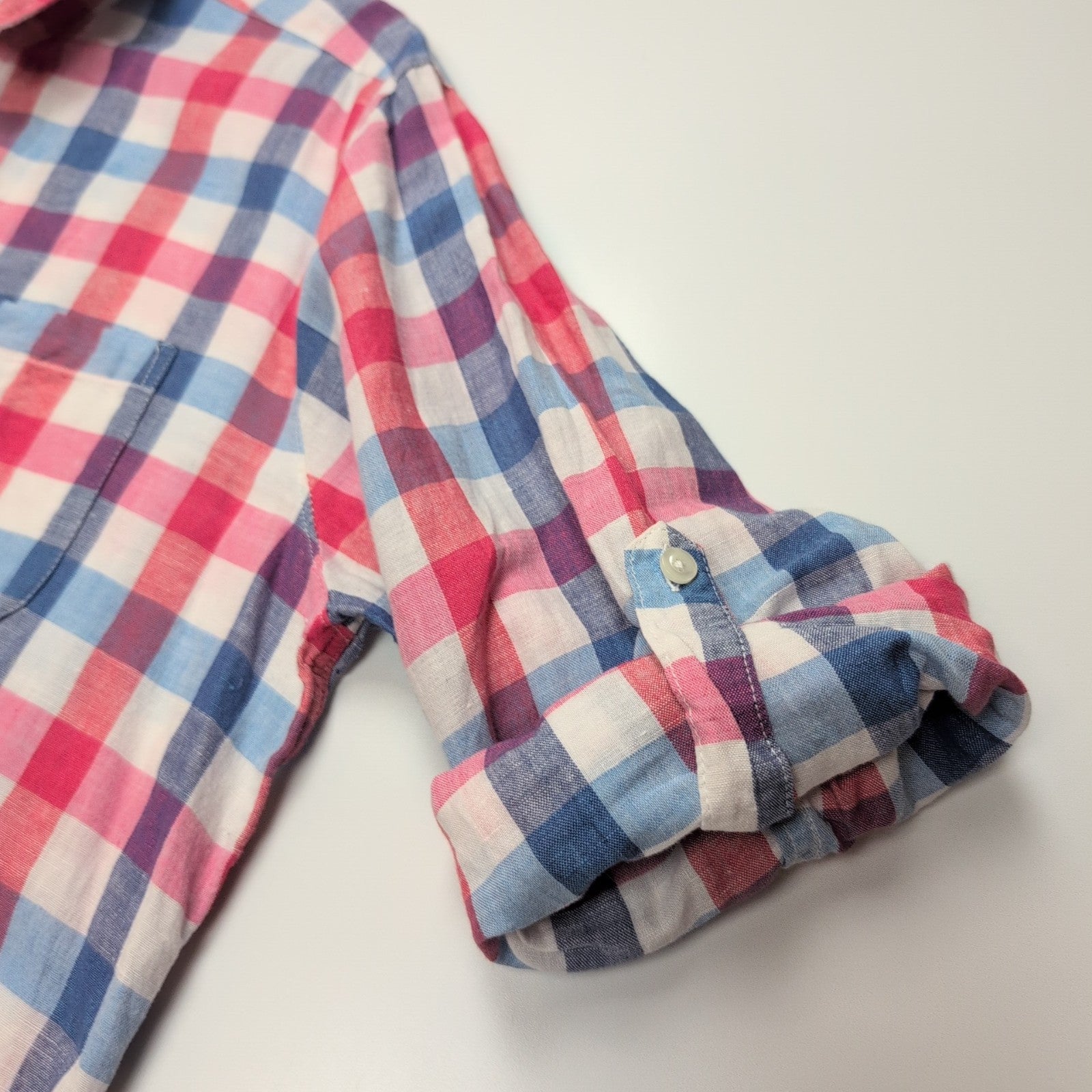 Chemise Bachrach XXL Lin Coton Carreaux Bleu Rouge Blanc Manches Retractables