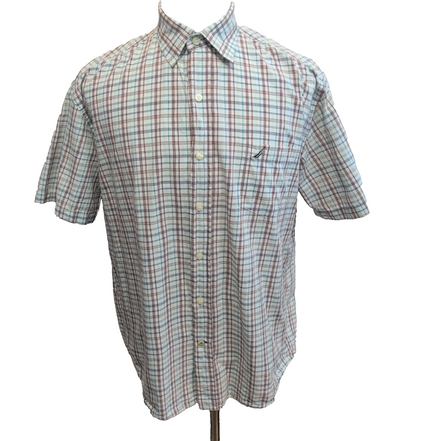 Chemise Manches Courtes Nautica Taille XL 100% Coton Marron Bleu Blanc Poche