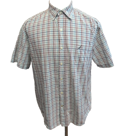 Chemise Manches Courtes Nautica Taille XL 100% Coton Marron Bleu Blanc Poche