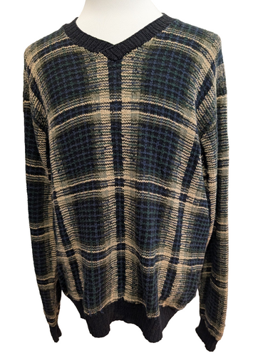Pull Fait Main Vtg Polo Sport Ralph Lauren Col V Carreaux Bleu/Vert Lin Coton L